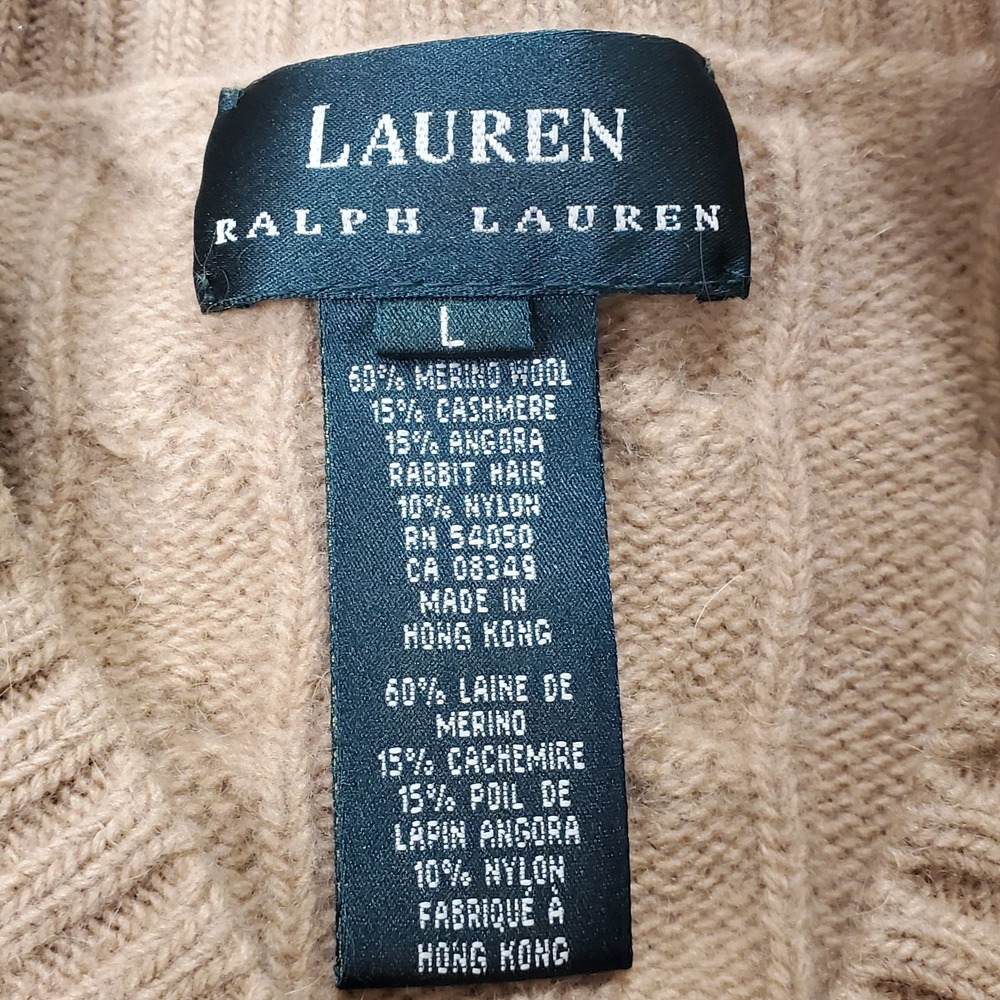 Lauren Ralph Lauren Womens Cableknit Sweater L Tan Cashmere Wool Blend Pullover - Picture 3 of 9
